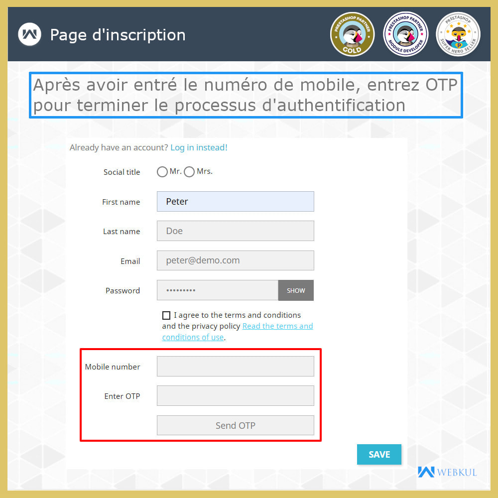 Module Vérification mobile / e-mail client | Vérifier par OTP