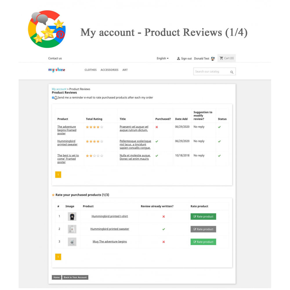 Module Produit+Boutique Avis, Points fidélité, Google Snippets