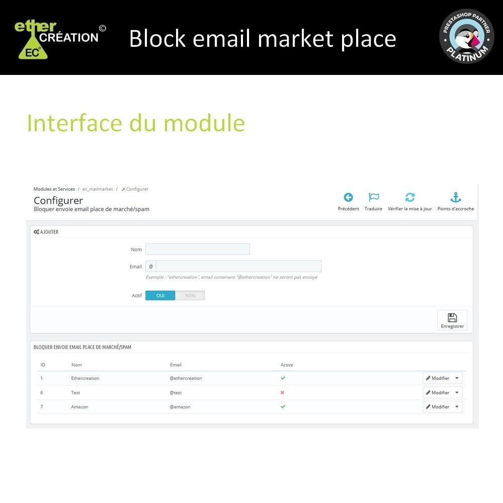 Module Bloquer envoie email places de marché