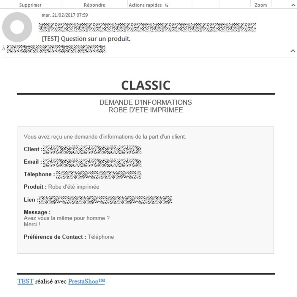 Module Formulaire de contact Ajax sur page produit