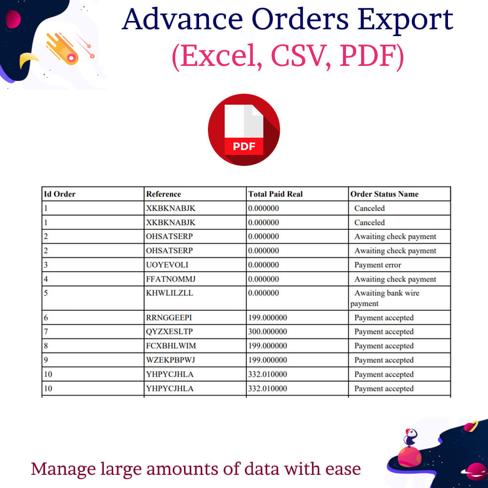 Module Advance Orders Export (Excel, CSV, PDF)