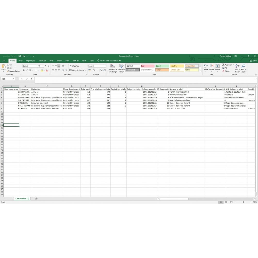 Module Exportation de Commandes PRO (Excel, CSV, XML, PDF)