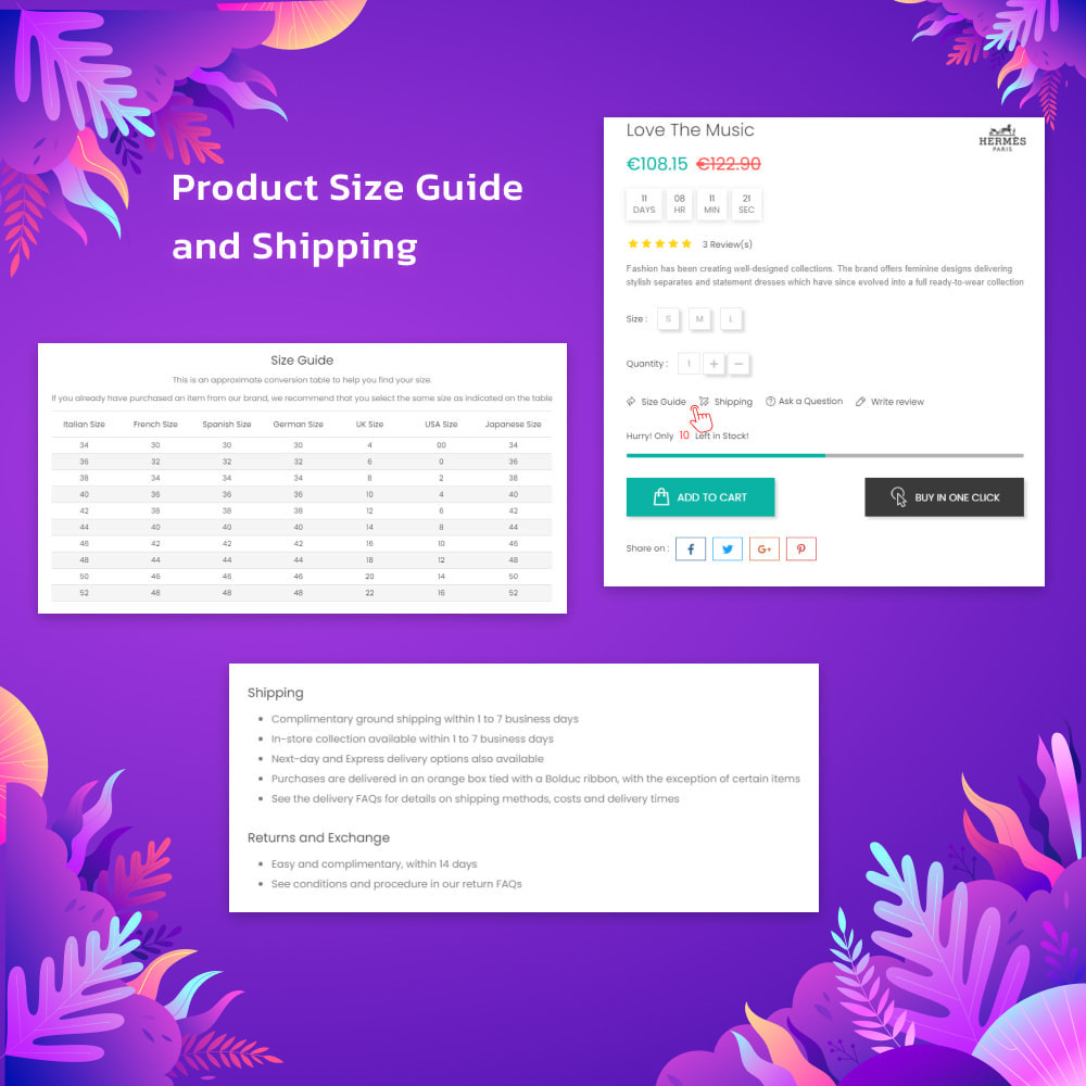 Module Size Chart Product & Free Shipping Popup
