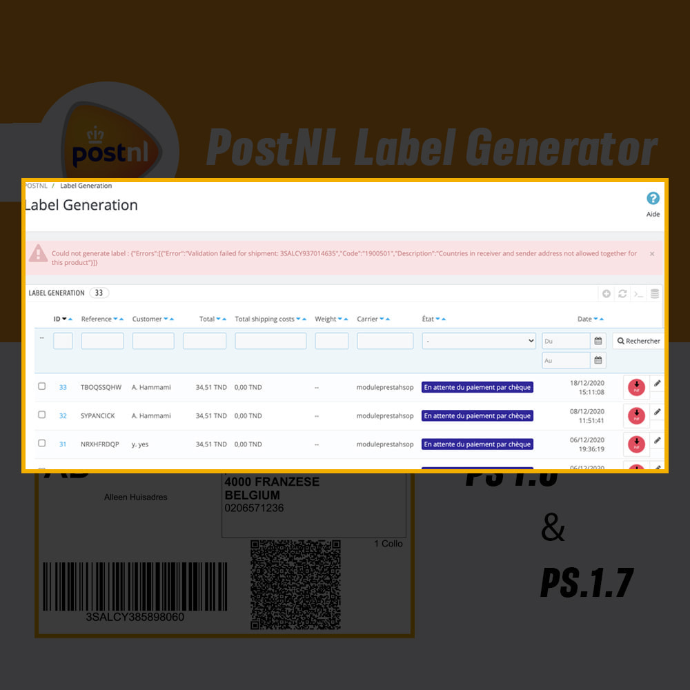 Module PostNL générateur d'étiquettes