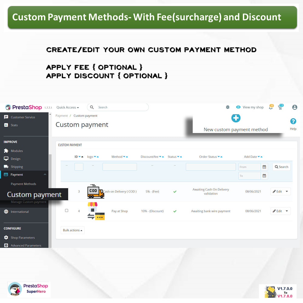 Module Custom Payment Method-With Fee(surcharge) and Discount