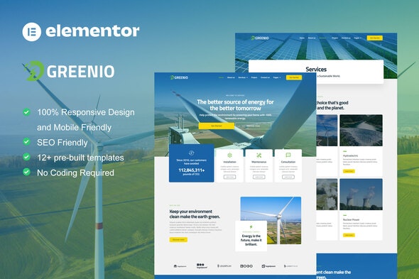 Greenio - Green Energy &amp; Technology Company Elementor Template Kit