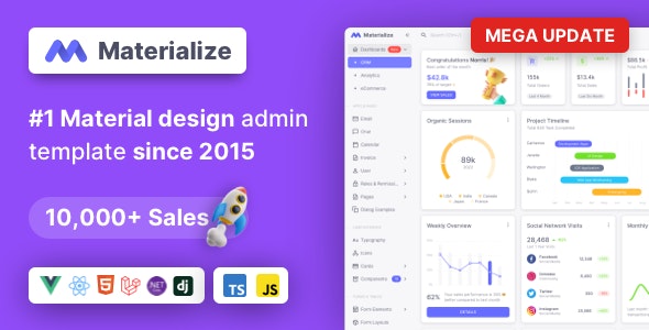 Materialize - React - Next.js, Vuejs, HTML, Laravel, Django, Asp.Net Material Design Admin Template