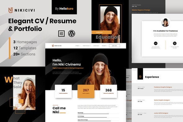 Nikicivi - Elegant CV/Resume &amp; Portfolio Elementor Template Kit