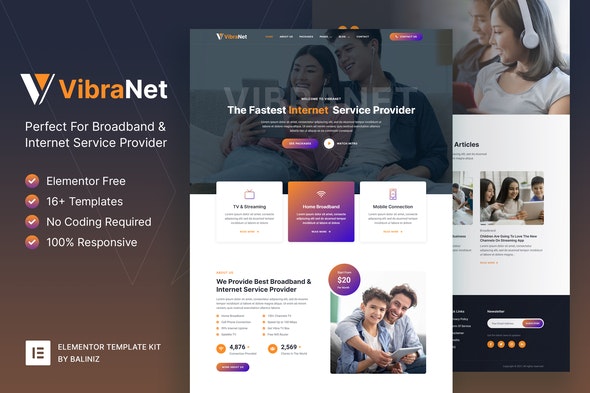 Vibranet – Broadband &amp; Internet Service Provider Elementor Template Kit